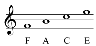 De noten tussen de lijnen spellen FACE Notenbalk met de noten F, A, C en E in de vakken tussen de lijnen