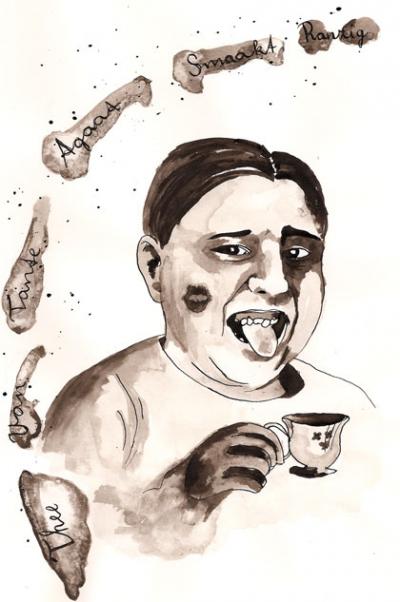 Inkttekening van een jongen met een theekopje en uitgestoken tong, omringd door de woorden Thee, Van, Tante, Agaat, Smaakt en Ranzig